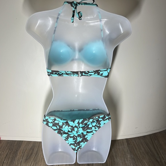 2pc Raisins Aqua Floral Scrunch Butt Swimsuit Bikini with Push-Up Top Size M - Picture 2 of 2